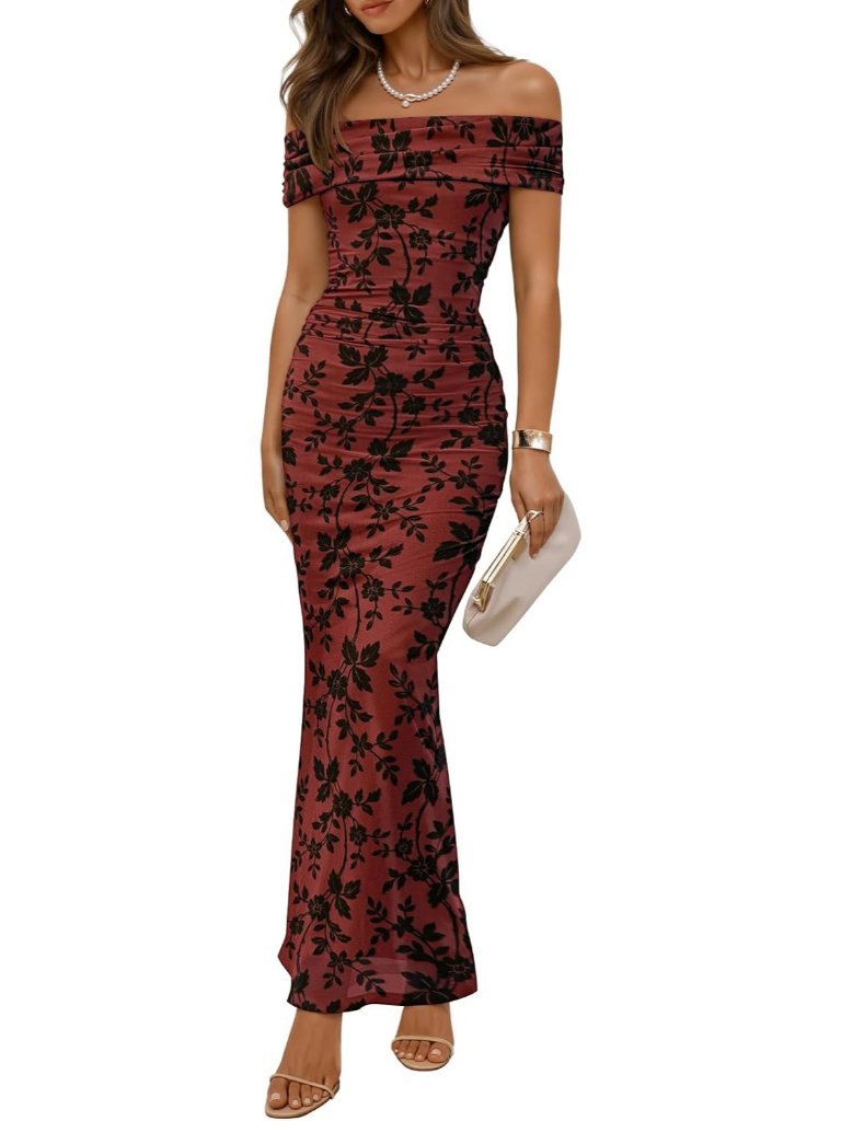 Women's Rust Black Off Shoulder Floral Bodycon Ruched Elegant Formal Maxi Dress